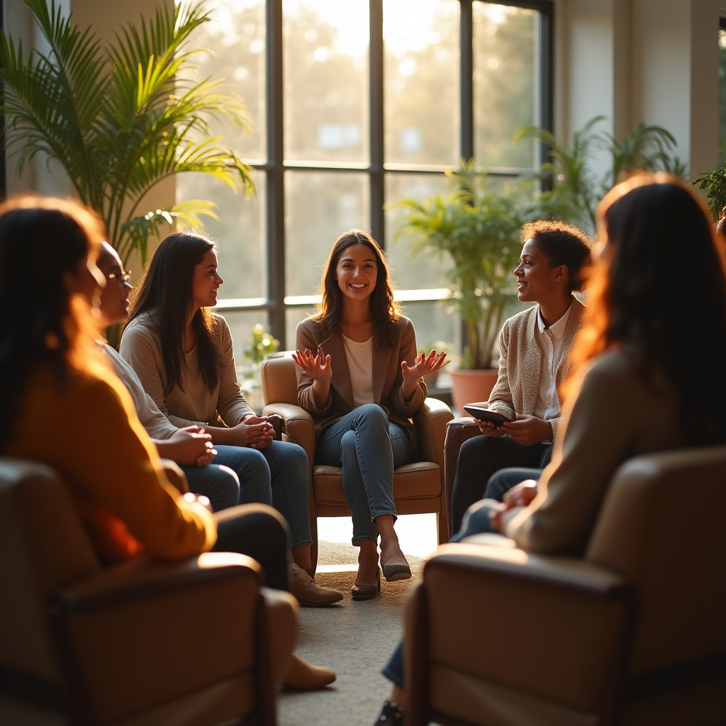 Cerchio di professionisti seduti che conversano durante una sessione di gruppo all'aperto in un ambiente luminoso